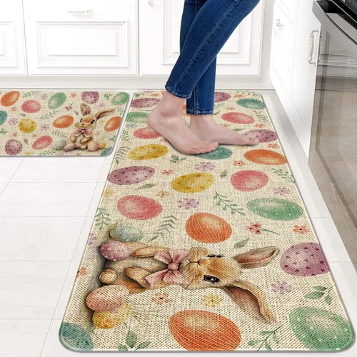 Miniatura 2 de Juego de 2 alfombras de cocina de Pascua, decoración de cocina de Pascua, huevos coloridos para piso, tapete de 17 x 30 pulgadas + alfombra