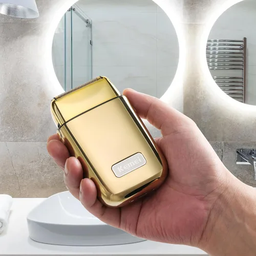 Miniatura 2 de Kemei Afeitadora eléctrica doble de metal inalámbrica para hombres, afeitadoras eléctricas de cierre, tipo C recargable para afeitado en húmedo
