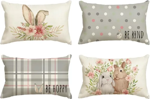Miniatura 16 de AVOIN colorlife Juego de 4 fundas de cojín de Pascua con diseño de búfalo y flor de conejo de Pascua Be Hoppy Bule, 18 x 18 pulgadas, diseño