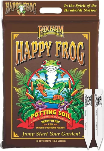 FoxFarm Suelo para macetas Happy Frog con 2 etiquetas para plantas, 12 cuartos de galón - Mezcla de contenedor modificada lista para usar con