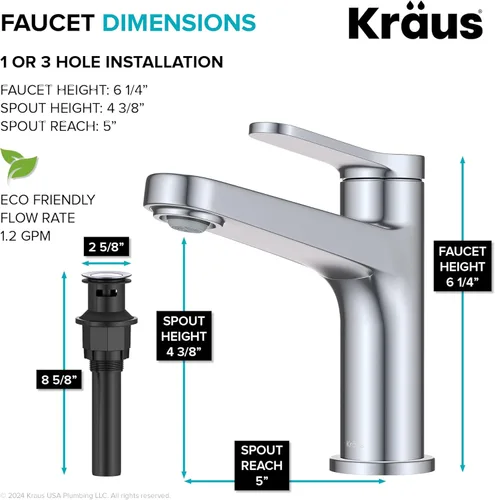Miniatura 6 de KRAUS Indy Grifo de Lavabo de un Orificio de una Sola Manija en Cromo, KBF-1411CH