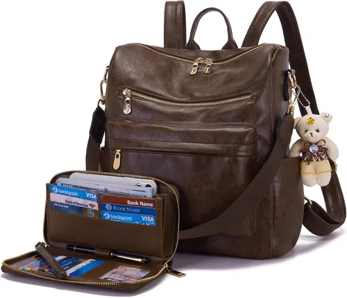 Miniatura 19 de Soperwillton Bolso de mochila para mujer. Bolsos de mano con diseño multiusos. Bolsa de hombro de cuero sintético. Bolsa de viaje. Juego de 2