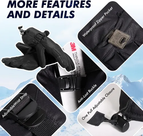 Miniatura 4 de Guantes de esquí, guantes de nieve impermeables y transpirables más cálidos para clima frío, se adaptan tanto a hombres como a mujeres, para padres