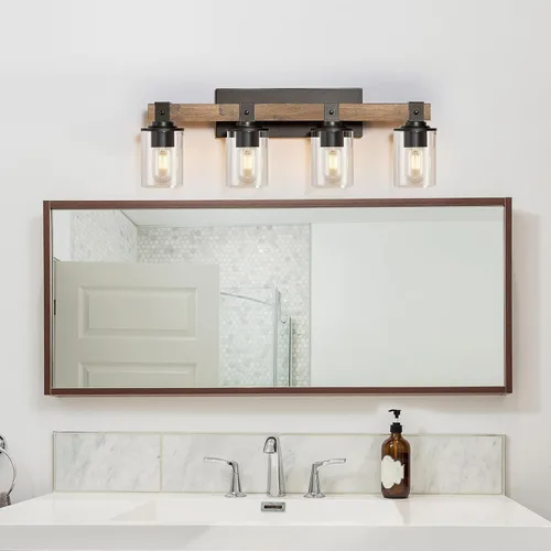 Miniatura 8 de DUJAHMLAND Lámpara de tocador de granja, aplique industrial de madera de 4 luces, iluminación de tocador de baño con pantalla de luces de vidrio