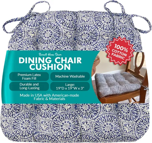 Miniatura 23 de Barnett Home Decor Ticking Stripe Berlin Blue - Almohadilla para silla de comedor con lazos, tamaño mediano 18, relleno de espuma de látex, lavable