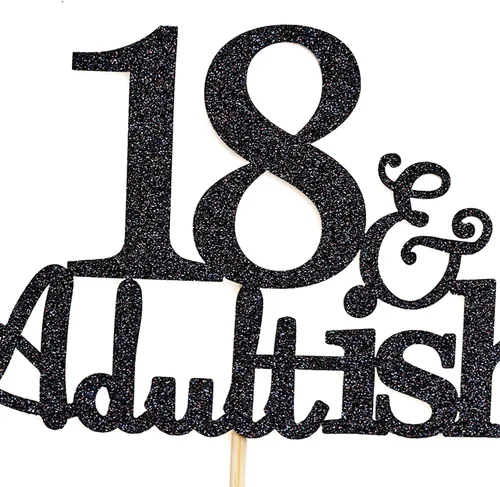 Miniatura 7 de Decoración para pastel de 18 años con purpurina negra y Adultish para fiesta de cumpleaños de dieciocho años, decoraciones de pastel de tiempo