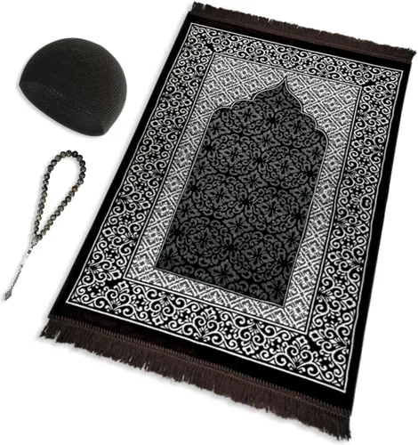 Miniatura 2 de ESERRA Juego de alfombrillas de oración de terciopelo todo en uno para el Islam, alfombra gruesa de oración musulmana, sombrero Kufi negro, piedra