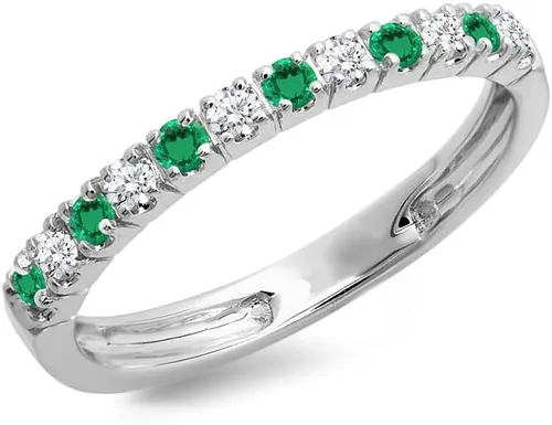 Alianza de boda de media eternidad con esmeralda verde alternativa y diamante blanco para mujer, anillo de boda de esmeralda verde con acabado de