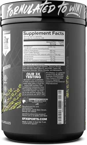 Miniatura 9 de EFX Sports Kre-Alkalyn Hardcore Suplemento termogénico de creatina monohidrato pH correcto, energía y fuerza, preentrenamiento 120 porciones
