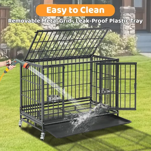 Miniatura 7 de Homey Pet Jaula para Perros Apilable de Servicio Pesado de 37 pulgadas, Jaula Kennel Indestructible a Prueba de Escape para Perros con Ruedas