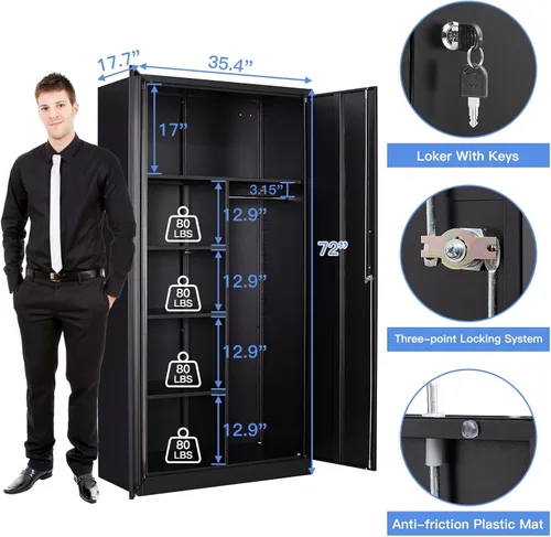 Miniatura 3 de Yizosh Armario de metal para colgar ropa con puertas de cerradura, armario de acero con cerradura de 72 pulgadas, organizador de ropa para Negro