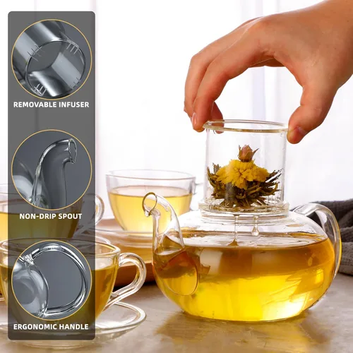 Miniatura 3 de Juego de teteras de vidrio, 40 onzas/40.6 fl oz, hervidor de té de vidrio seguro para estufa con infusor extraíble y calentador de té, tazas de té