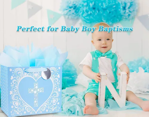 Miniatura 5 de JWSCYSY Bolsa de Regalo Grande de 32 cm Azul con Diseño de Cruz de Estrella Plateada Metálica, Tarjeta y Papel de Seda para Bautizos, Bautismos