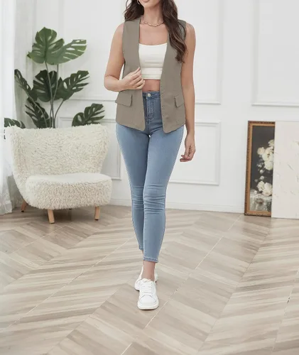 Miniatura 7 de YWS - Chalecos de moda para mujer, casual, sin mangas, con cuello en V, chaleco de lino y algodón