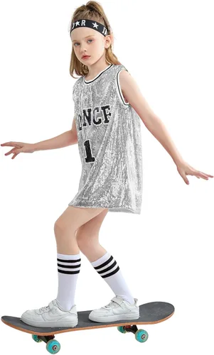 Miniatura 3 de LOLANTA Ropa de baile Hip Hop para niñas, vestido de lentejuelas para niños, camiseta larga sin mangas, camiseta de animadora de jazz