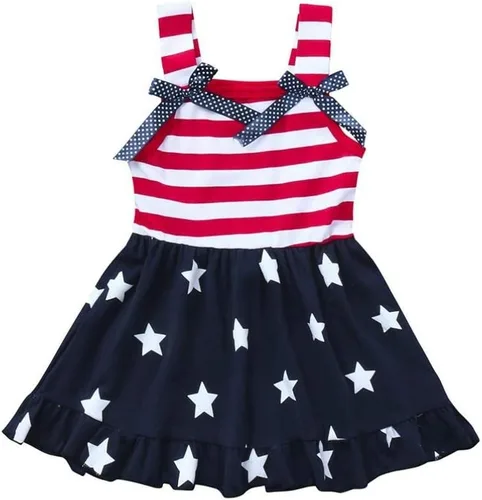XFGLCK Vestido de 4 de julio para niñas pequeñas, con volantes, estrellas, rayas, lazo, falda, patrón de bandera, trajes de verano