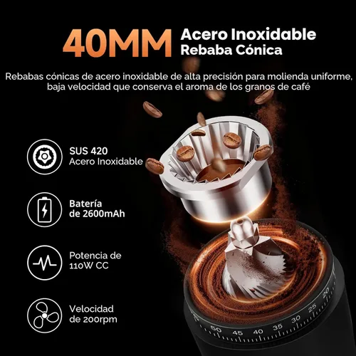 Miniatura 3 de AAOBOSI Molinillo de café con 60 ajustes de molienda, recargable con antiestático, temporizador digital de 5 a 98 segundos y pantalla táctil