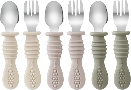 PandaEar Juego de 6 utensilios de tenedor y cuchara para niños pequeños, cubiertos de silicona de acero inoxidable para bebés y niños, sin BPA