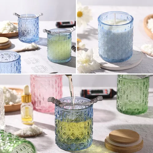 Miniatura 5 de NITIME 15 tarros de velas azules de 7.5 onzas para hacer velas, vasos de vela de vidrio con tapas de bambú y etiquetas adhesivas, recipientes