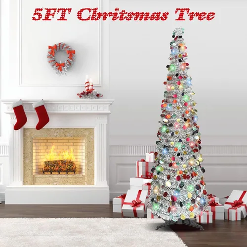 Miniatura 2 de Árbol de Navidad Tipo Lápiz de 5 Pies, Árbol de Navidad Artificial Plegable con Lentejuelas Pop Up, Árboles de Navidad de Oropel Tipo Lápiz Delgado