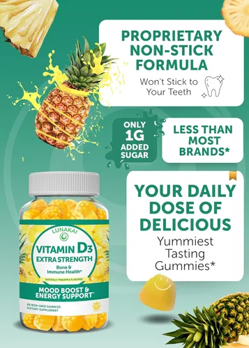 Miniatura 4 de Lunakai Paquete de gomitas de vitamina D3 y vitamina E - Gomitas de apoyo para la inmunidad, los huesos y el estado de ánimo, 250 mg 1000 iu