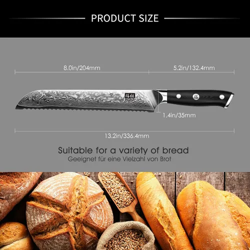 Miniatura 5 de Cuchillo de pan SHAN ZU de 8 pulgadas, cuchillo japonés de acero de Damasco con hoja ondulada serrada, cuchillo profesional afilado de acero super