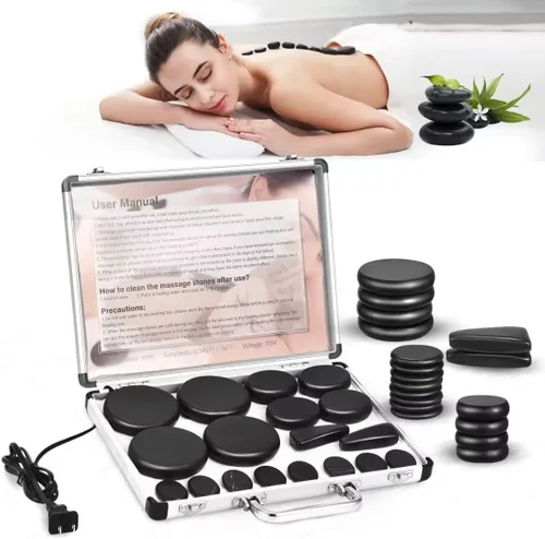 Hot Stones - Juego de masaje, 18 piedras calientes de basalto con kit de calentador, piedras de masaje para spa profesional o en casa, relajación,