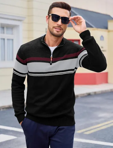 Miniatura 40 de MAGCOMSEN Suéteres de algodón con cremallera de 1/4 para hombre, suéter tipo polo, a rayas, para otoño e invierno, sudaderas cálidas