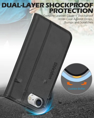 Miniatura 6 de SHIELDON Funda para iPhone SE 2022/SE 2020, tarjetero de piel auténtica, soporte magnético, funda de protección a prueba de golpes, compatible
