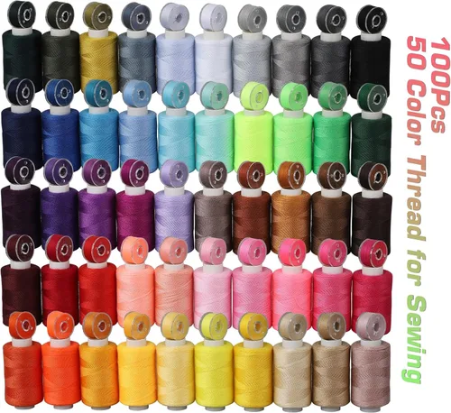 Miniatura 4 de Blibly 100 piezas de kit de hilos de coser y bobinas, 500 yardas de hilos de poliéster, bobinas preenrolladas con estuche, 50