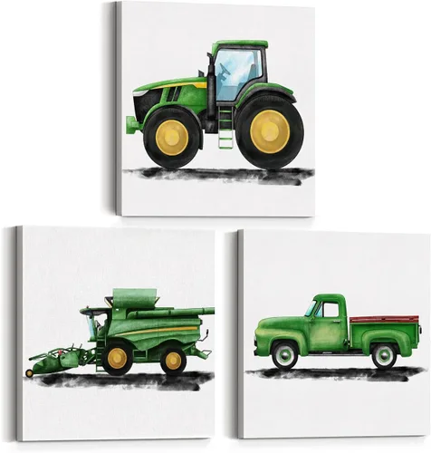 Juego de 3 lienzos artísticos de tractores y vehículos agrícolas para cuarto de bebé, pinturas enmarcadas, impresiones de acuarela, viejos camiones