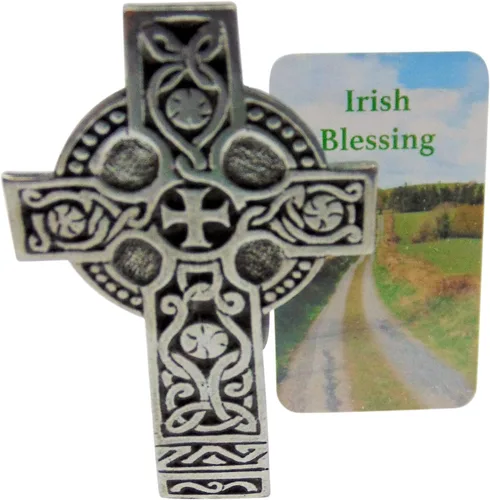 Miniatura 4 de Westmon Works Clip para visera irlandesa, cruz celta de Irlanda, decoración de automóvil de peltre con tarjeta de oración de bendición