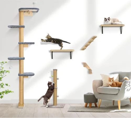 Miniatura 7 de Estantes de pared para gatos para gatitos, árbol para gatos de piso a techo de 83 pulgadas con almohadillas de felpa grises, árbol de escalada