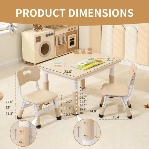 Miniatura 2 de Hulaibit Mesa y 2 sillas para niños pequeños, juego de mesa y sillas para niños de altura ajustable, 31.5 pulgadas de largo x 23.6 pulgadas de Grano