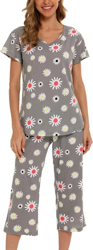 Miniatura 4 de ENJOYNIGHT Conjunto de pijama para mujer, ropa de dormir de algodón con pantalones capri, lindos pijamas