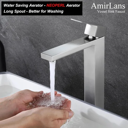 Miniatura 4 de Grifo de lavabo para recipiente de baño, de níquel cepillado, grifo alto de baño de un solo agujero y una sola manija, grifo alto de baño de níquel