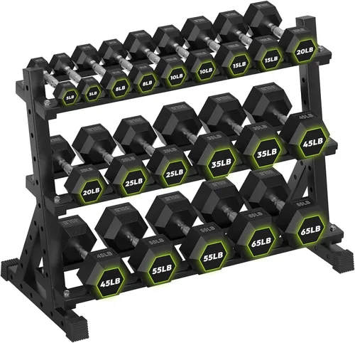 Miniatura 13 de HANDBODE Soporte para mancuernas de 3 niveles, estante de almacenamiento de capacidad de 1000 libras, estante de pesas para mancuernas, pesas rusas
