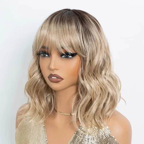 Miniatura 15 de NOBLE Peluca Rosa Naranja para Mujeres Peluca Durazno con Flequillo Pelucas Bob Rizadas Ombré con Flequillo de Aire Pelucas Sintéticas Cortas