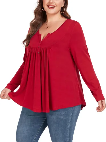 Miniatura 3 de Camiseta básica para mujer, talla grande, cuello Henley, con botones, ajuste holgado, estilo casual
