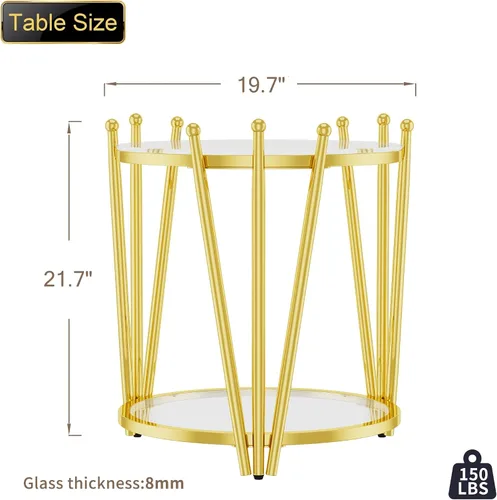 Miniatura 2 de Mesa auxiliar redonda de vidrio dorado de 19.7 pulgadas para sala de estar, diseño moderno de corona de lujo, patas de acero inoxidable con diseño