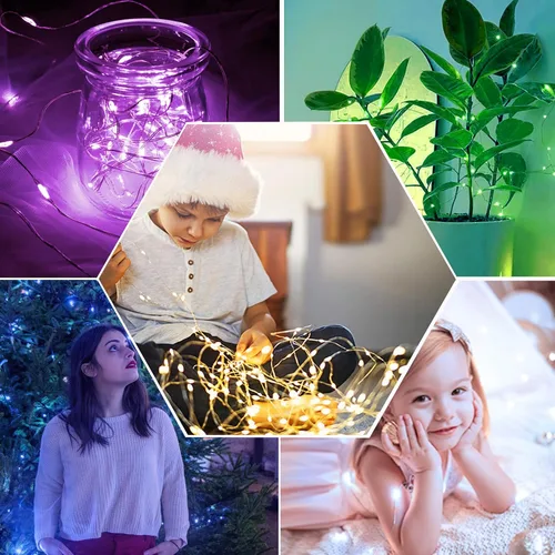 Miniatura 2 de SmilingTown Luces de Hadas Navideñas en Cadena, 15 paquetes de 20 luces LED, funciona con pilas, 6.6 pies, alambre de cobre plateado, cadena de 5