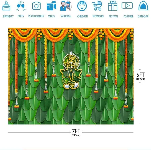 Miniatura 3 de Ticuenicoa India Pooja - Telón de fondo tradicional de 7 x 5 pies, hojas de plátano, color verde, Chatiya Ganesh, fondo de fotografía de Puja
