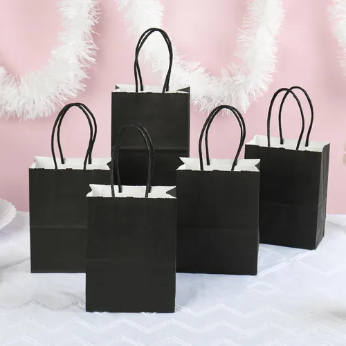 Miniatura 3 de DjinnGlory Paquete de 60 mini bolsas de papel negro para regalos de fiesta con asas a granel de 6.3 x 4.7 x 2.75 pulgadas para regalos de cumpleaños