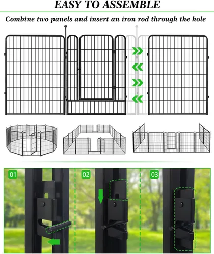 Miniatura 2 de Valla decorativa de metal negro para jardín con puerta, 50 pies de largo y 40 pulgadas de alto, 22 paneles de valla sin excavación, valla de barrera