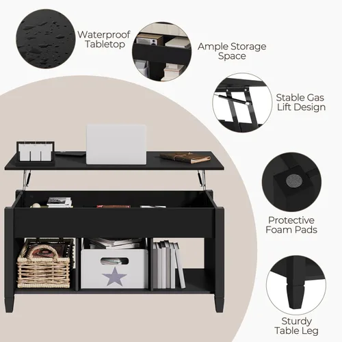 Miniatura 9 de Yaheetech - Mesa de centro con compartimento de almacenamiento oculto y estante, la superficie superior se levanta, mesa de comedor para sala