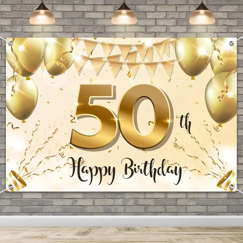 HAMIGAR Fondo de pancarta de feliz cumpleaños 50 de 6 x 4 pies, decoraciones de cumpleaños de 50 años, suministros de fiesta para mujeres, oro blanco