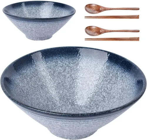 Lareina Tazones de cerámica japoneses para ramen, 2 juegos (6 piezas) de 60 onzas, tazón grande para sopa de fideos con palillos y cucharas a juego