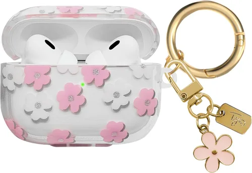 Miniatura 16 de Funda compatible con AirPods Pro 2 2022, TPU suave con bonito patrón de flores para AirPods Pro de 2ª/1ª generación con llavero de flores y Negro