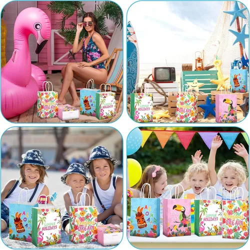 Miniatura 7 de Outus 24 Piezas Bolsas de Favor de Fiesta Hawaiana de Verano Bolsas de Papel de Regalo Tropical Goodie con Asas Aloha Tiki Luau Hojas de Palma