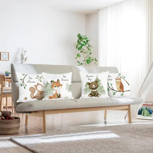 Miniatura 2 de Bonhause Juego de 4 fundas de almohada de animales del bosque, 18 x 18 pulgadas, diseño de oso zorro, ardilla, búho, para niños, para sofá, aula